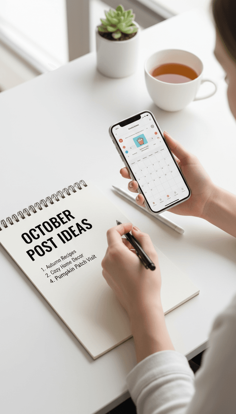 Content creator planning social media posts with a smartphone at a clean desk
