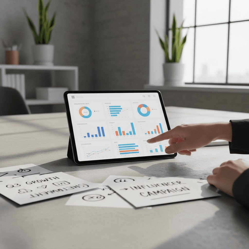 Social media manager reviewing campaign analytics on laptop in a bright modern office