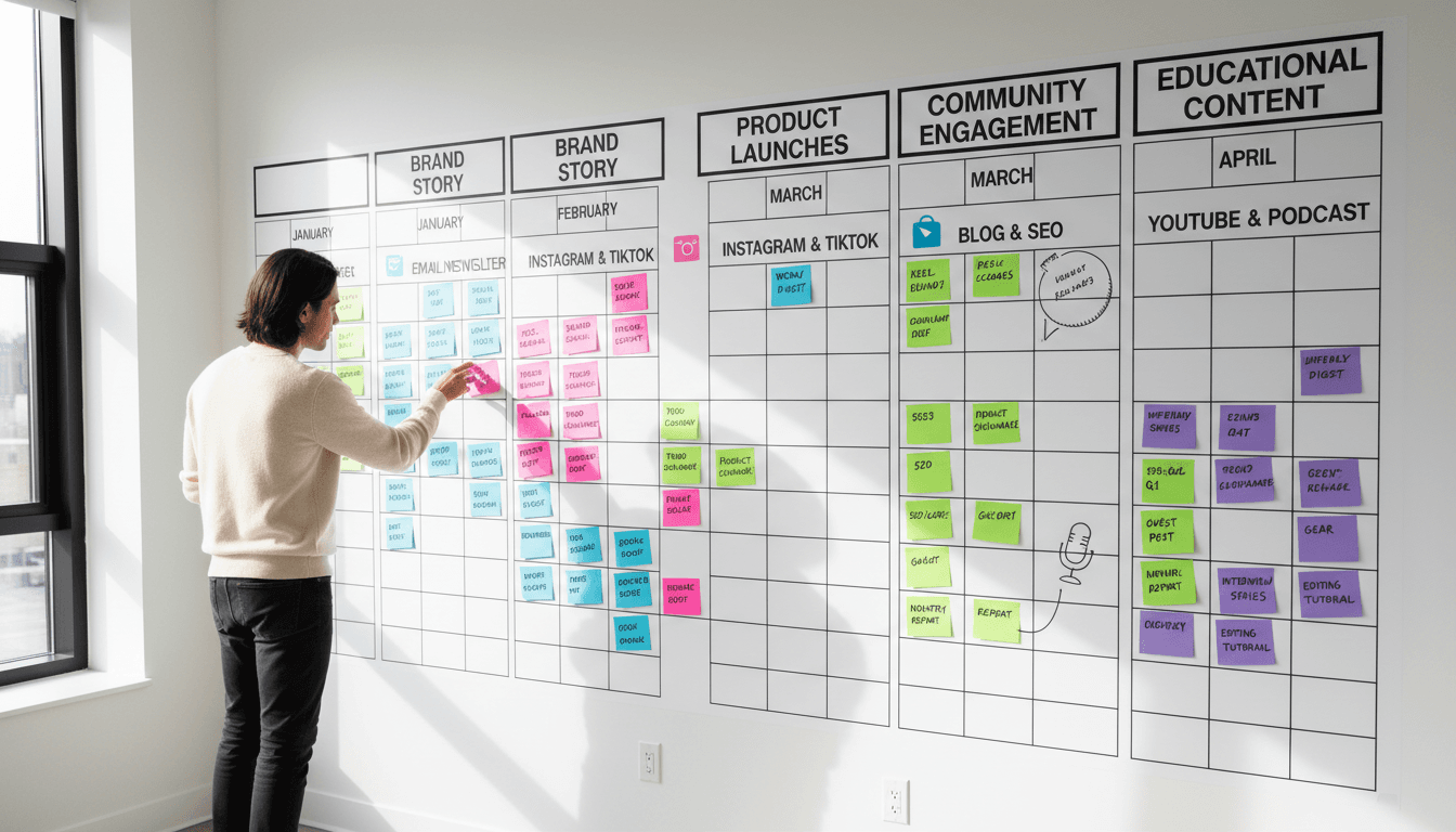 Creative team planning a content calendar with colorful sticky notes on a glass wall
