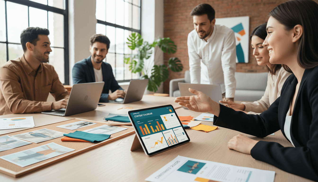 Creative team collaborating around a table with digital content displayed on screens