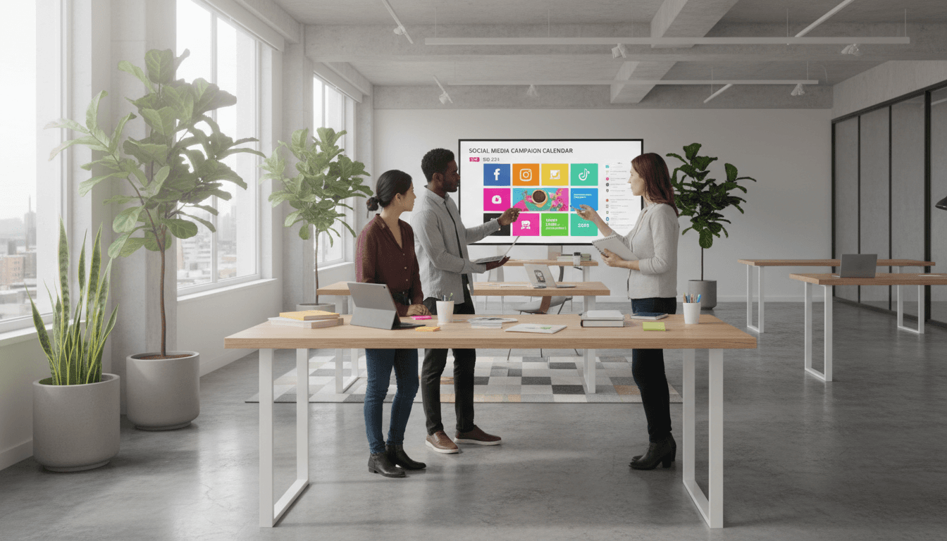Professional team collaborating on a content calendar in a bright office